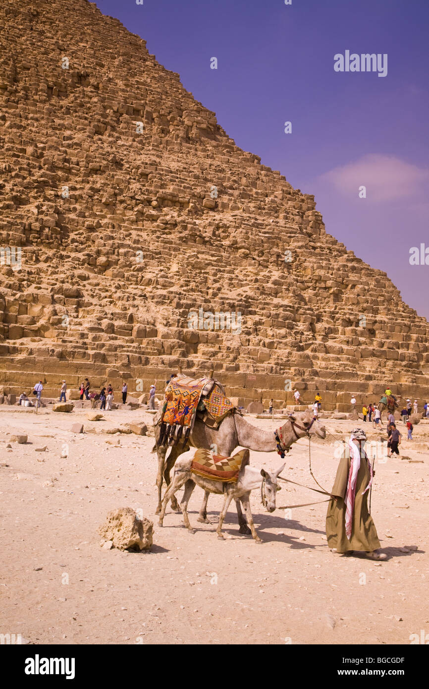 Kamele und Touristen auf die Pyramiden von Gizeh, wo Besucher Kamele gegen Gebühr Gizeh Ägypten fahren können Stockfoto