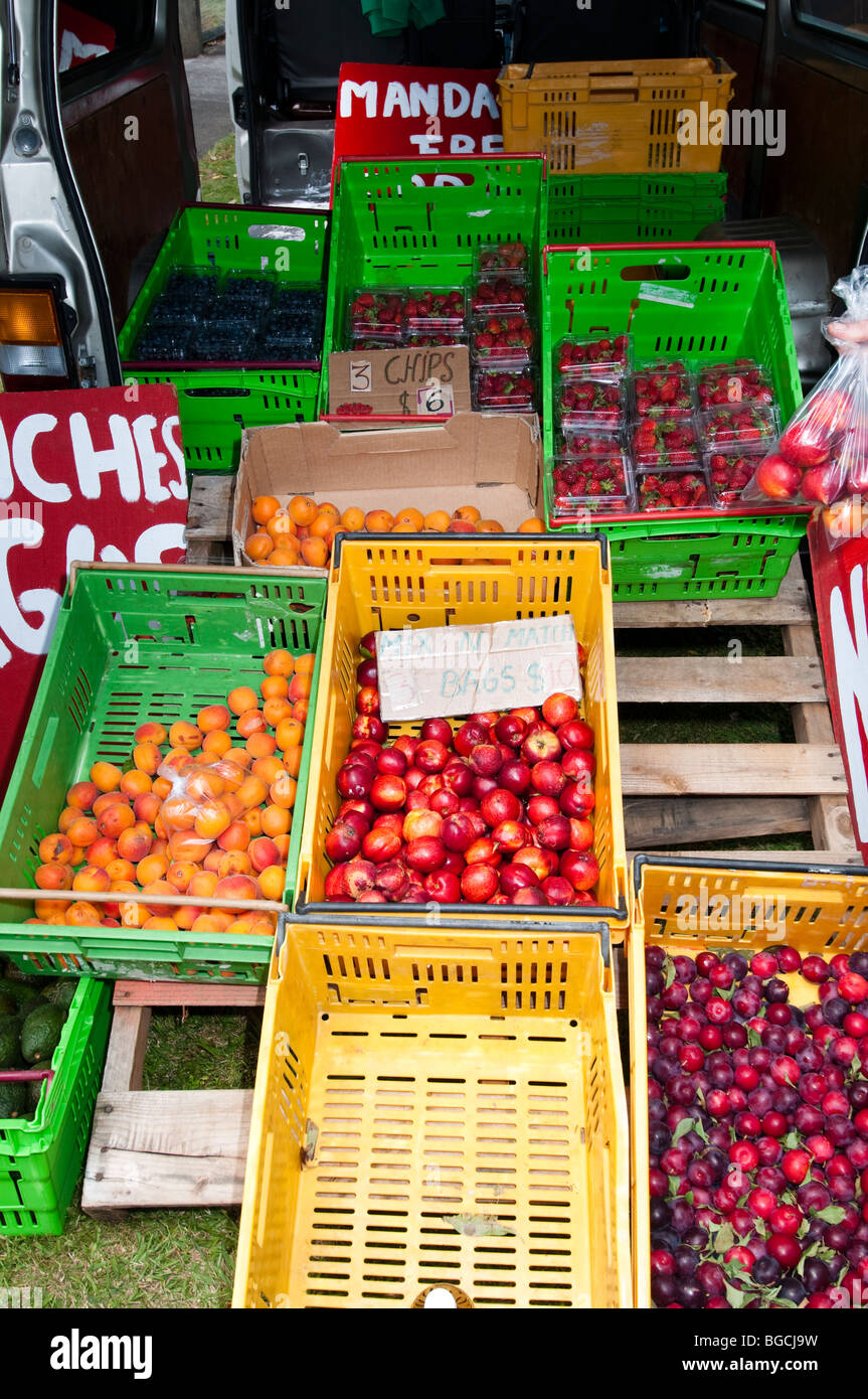 Obst und Gemüse verkauft aus Kofferraum eines Vans Stockfoto