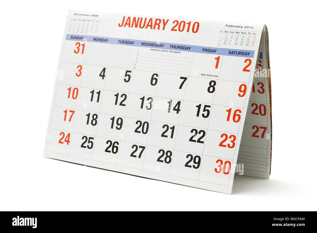 2010 Kalender Januar Seite auf weißem Hintergrund Stockfoto