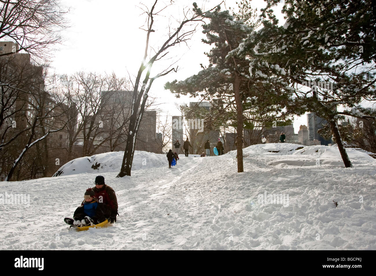 Kinder und Eltern Schlittenfahrten und viel Spaß im Schnee im Central Park in New York City, USA, 20. Dezember 2009. Stockfoto
