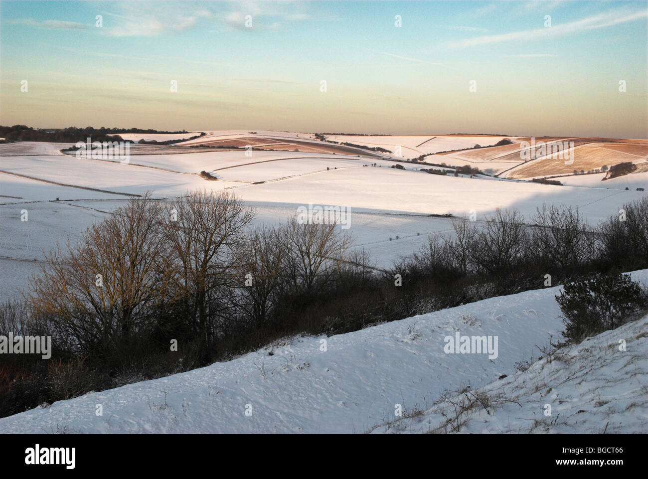 Schnee fällt in den South Downs National Park. Stockfoto