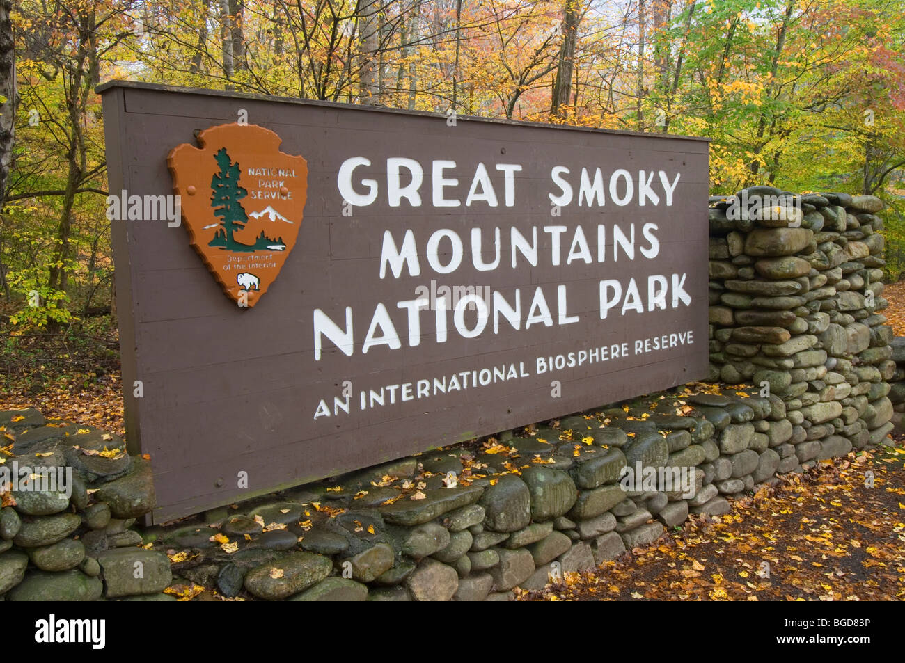 Great Smoky Mountains National Park Ortseingangsschild TN USA Stockfoto