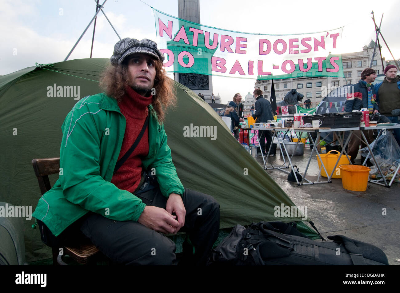 Klima-Camp auf dem Trafalgar Square blieb für die Dauer der Gespräche COP15 in Kopenhagen. Stockfoto