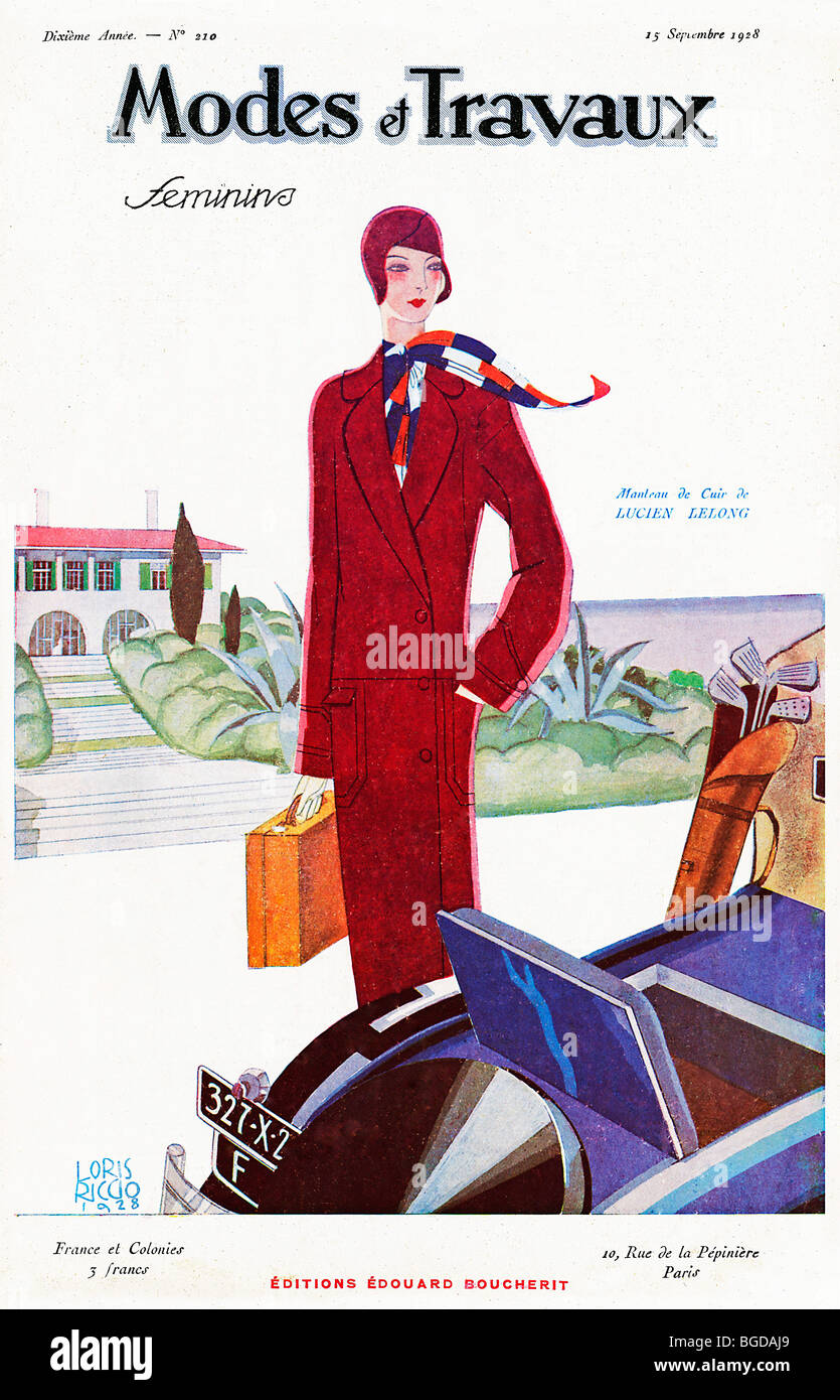 Modi Et Travaux, Golf-Cover von der französischen Mode-Magazin von 1928, Ledermantel von Lucien Lelong Stockfoto