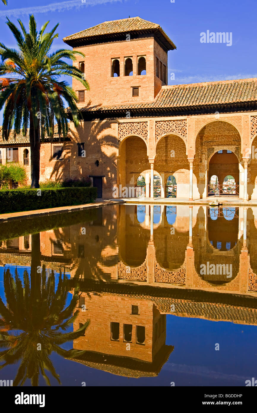 Pool auf dem Turm der Damen (Torres de Las Damas) und partal, The Alhambra (La Alhambra) - bezeichnet eine UNESCO-Welt-Welterbekonvention Stockfoto