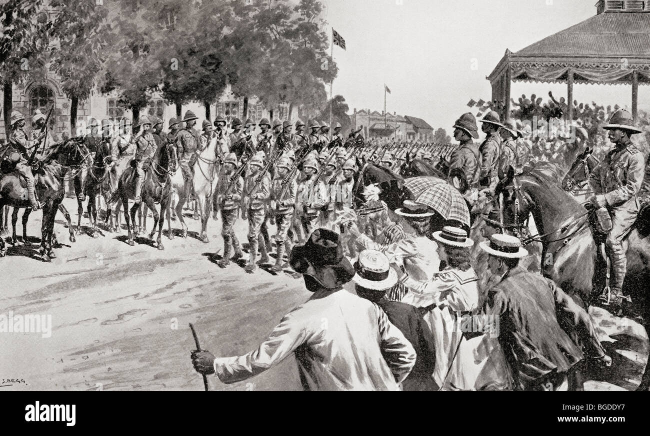 Die Übergabe des Kroonstadt während des Zweiten Burenkrieges. Truppen marschieren vorbei Lord Roberts und Personal. Stockfoto