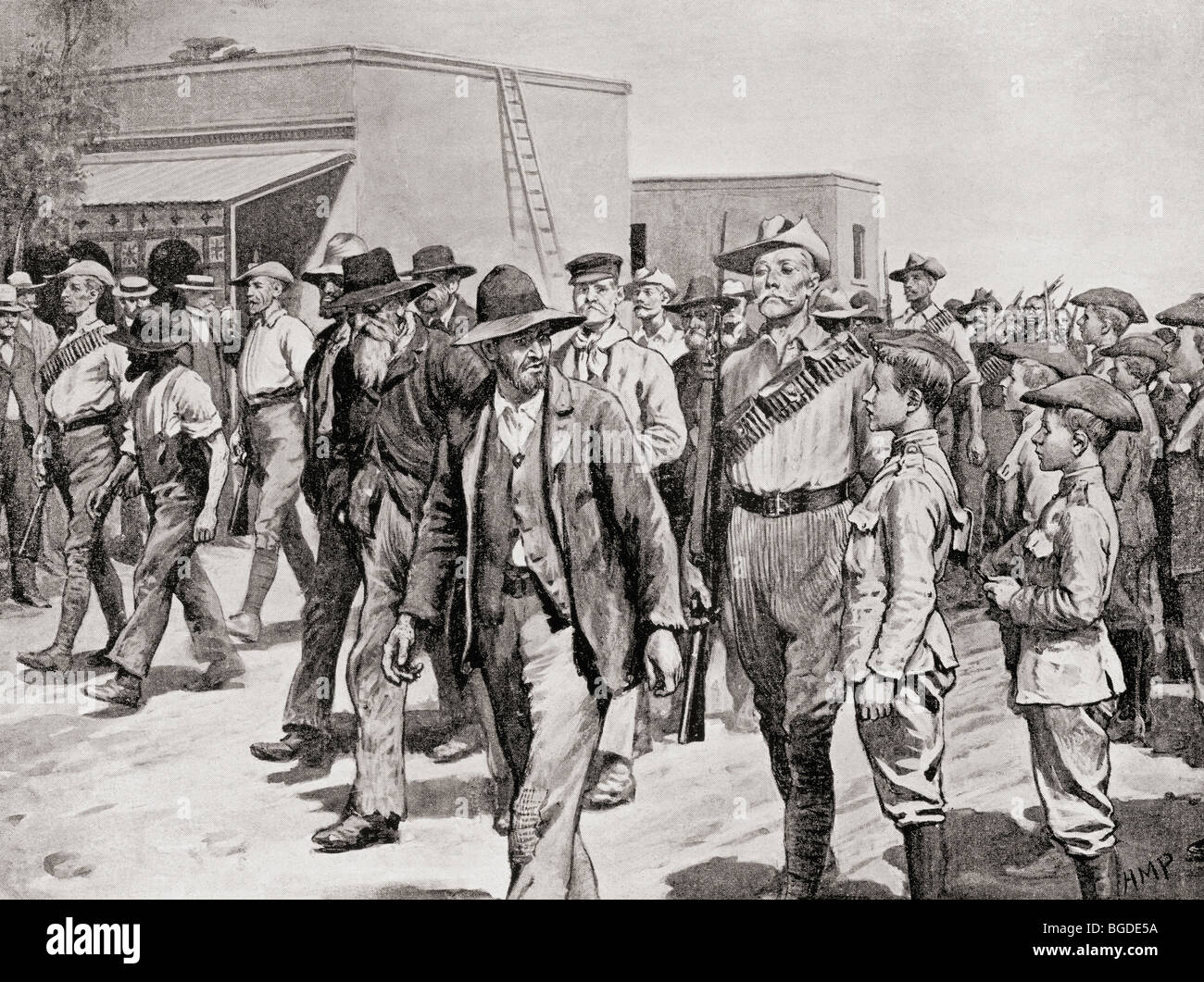 British South African Police eskortieren Boer Gefangenen um nach der Einnahme von Mafeking festgenommen. Stockfoto