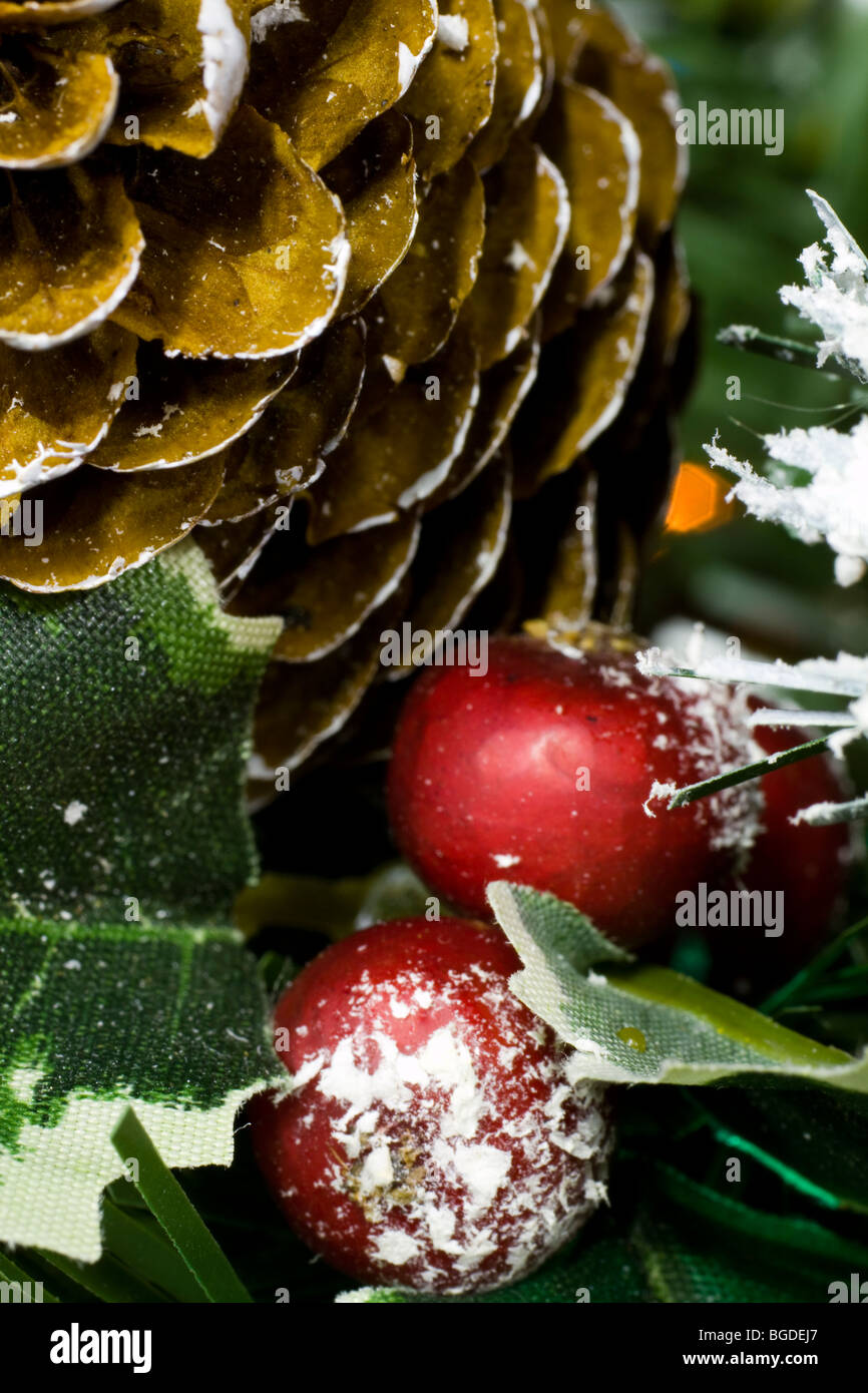 Makro von Tannenzapfen und Beeren am Weihnachtsbaum Stockfoto