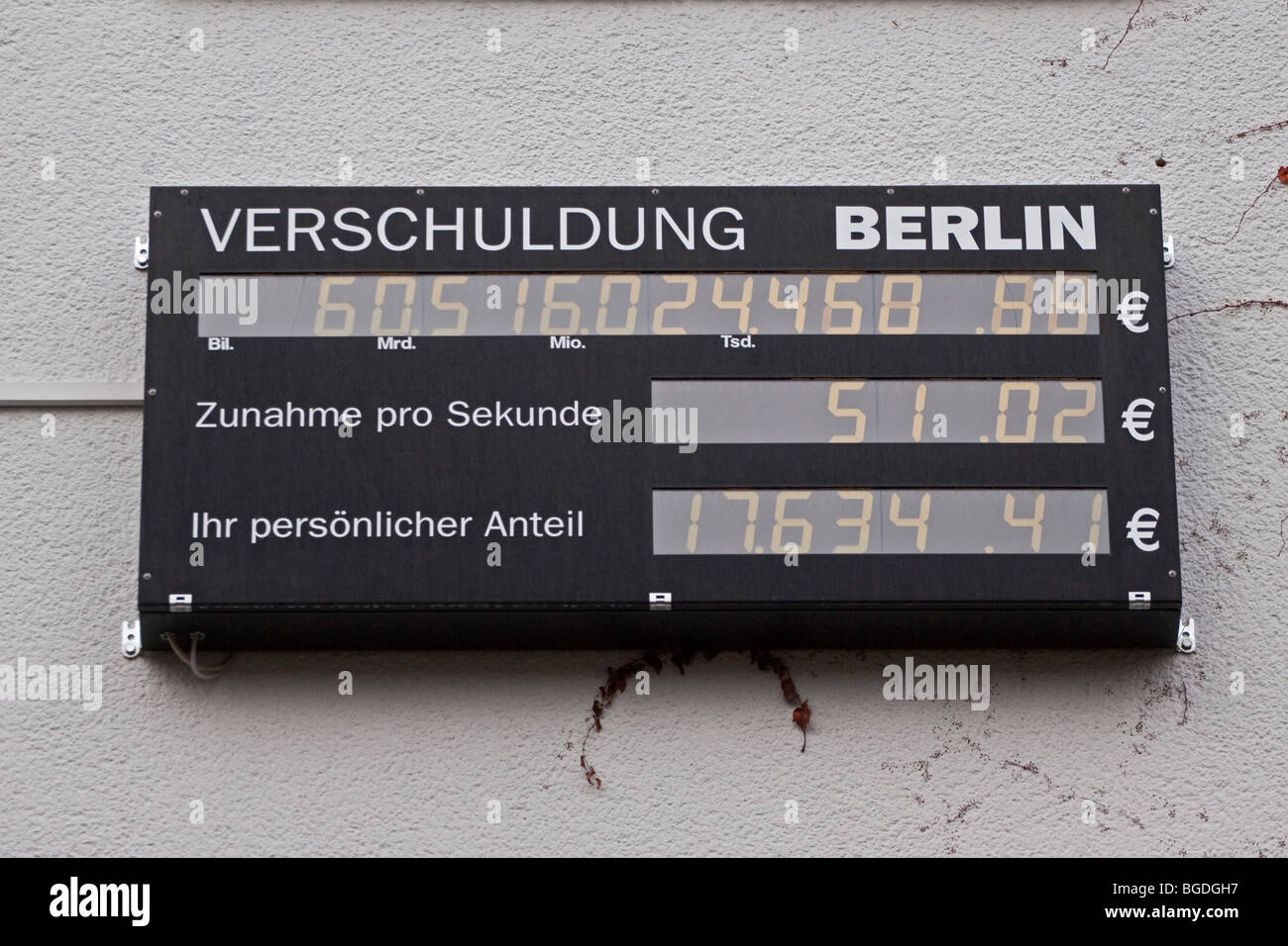 National Debt Clock auf Gebäude, Berlin Schulden, Bund der Steuerzahler Deutschland e.V., deutscher Verband der Steuerzahler, Berlin Stockfoto