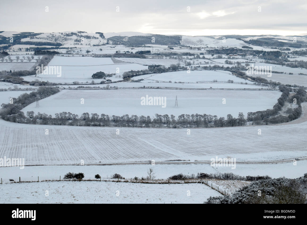 Ungewöhnlich tiefer Schnee bedeckt das Land rund um Perth in Schottland Stockfoto