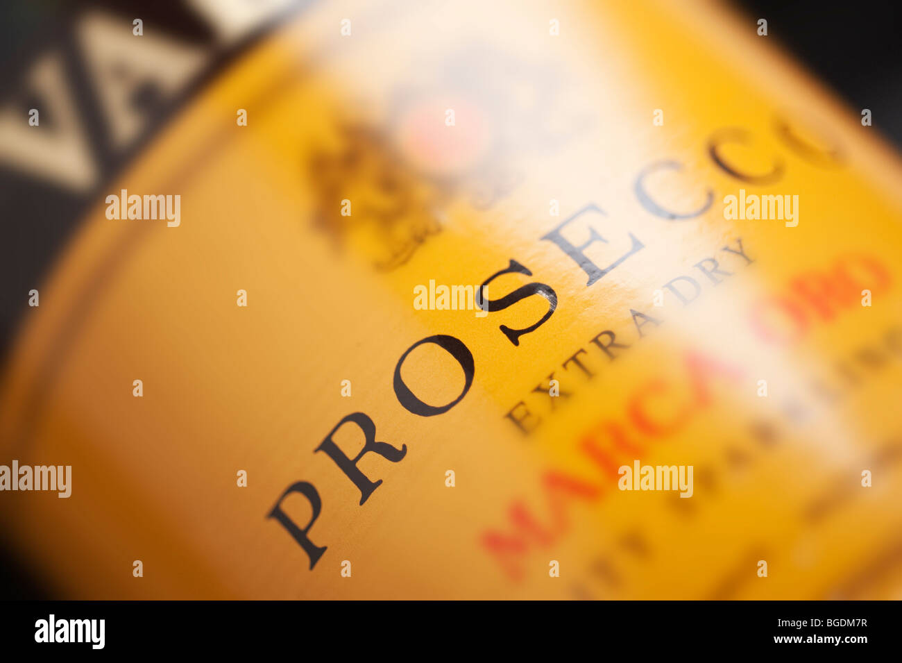 Prosecco-Wein-Label, Nahaufnahme Stockfoto