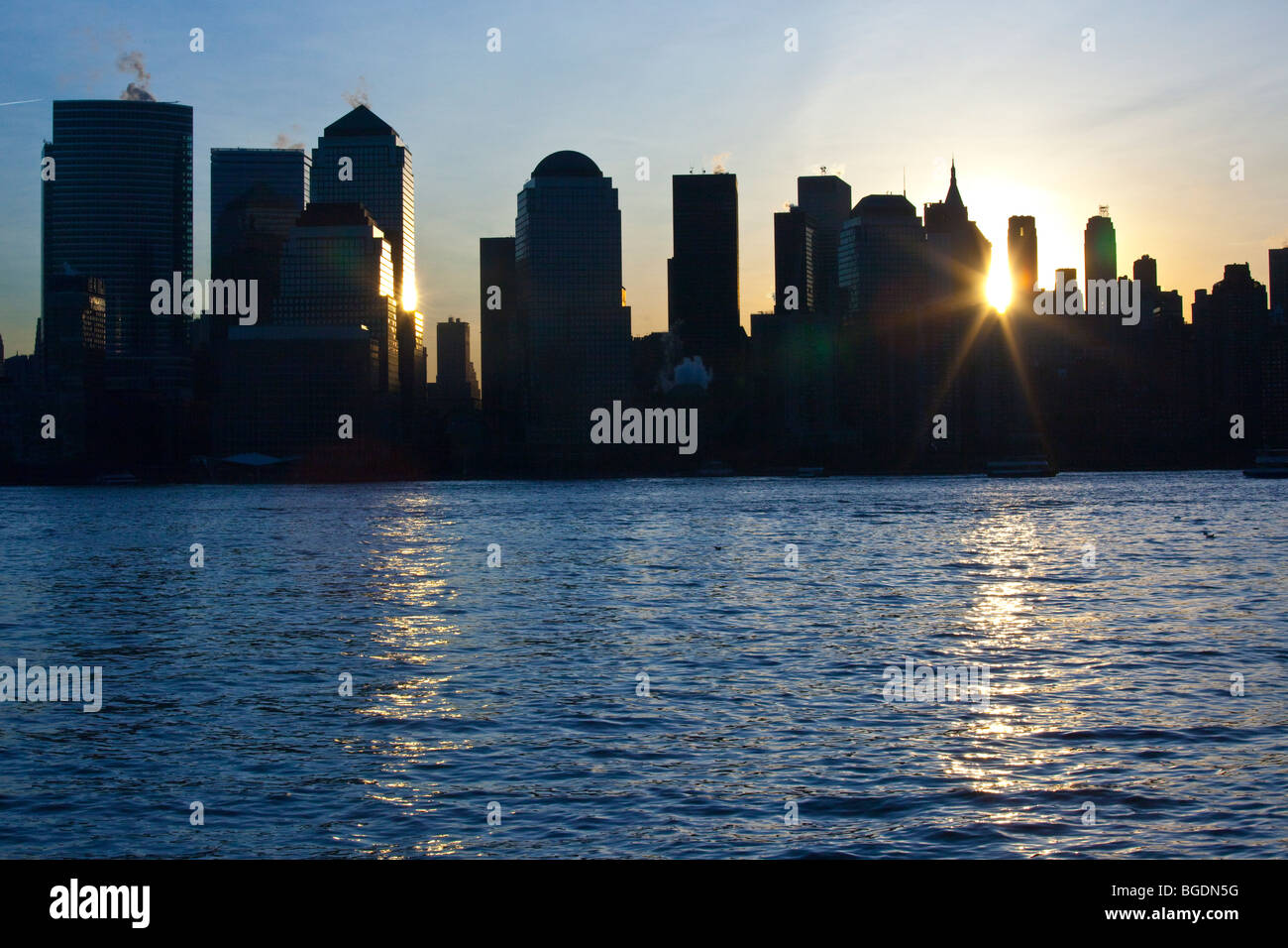 Sonnenaufgang in Manhattan, New York-Unterstadt Stockfoto