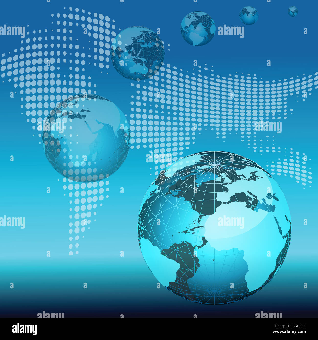 Array von Globen mit Hintergrund Weltkarte Stockfoto