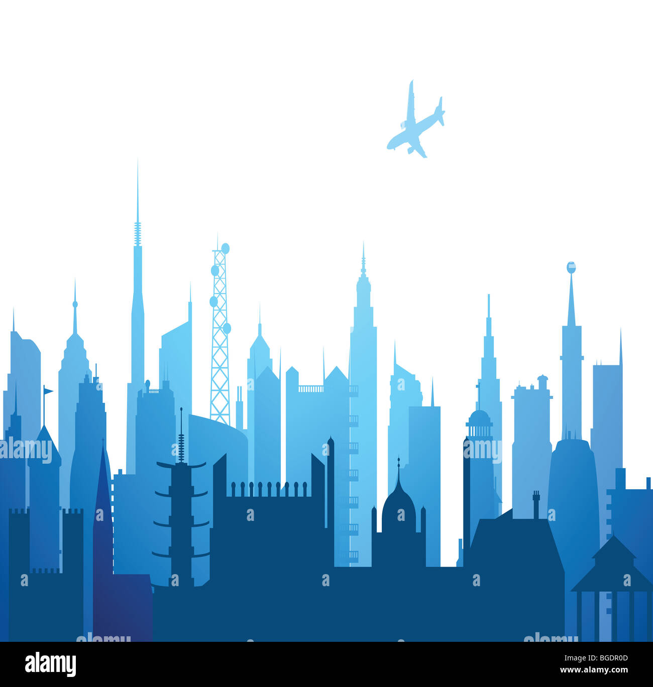 Blick auf Stadtbild mit Gebäuden und Flugzeug Stockfoto