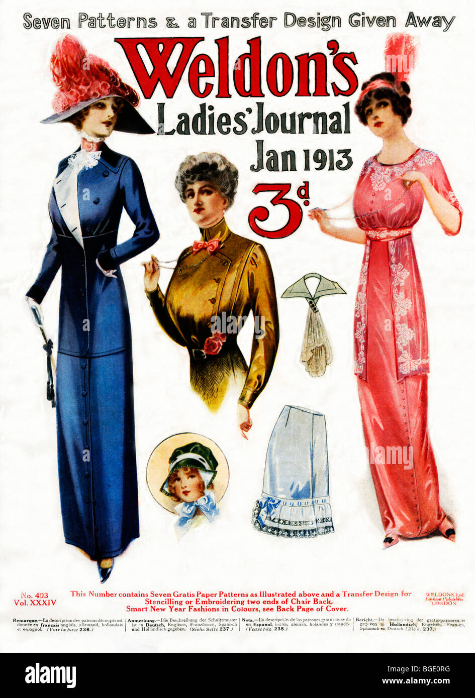 Weldons Ladies Journal, Jan 1913 Abdeckung von der englischen Mode-Magazin mit Mustern und Smart Neujahr Moden Stockfoto