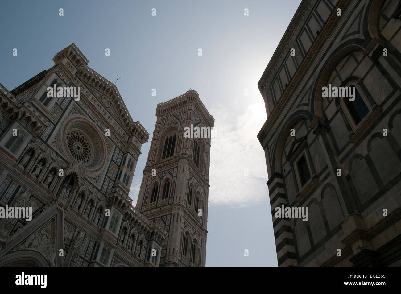 Die Basilica di Santa Maria del Fiore (Duomo), die Giotto Glockenturm und das Baptisterium. Stockfoto
