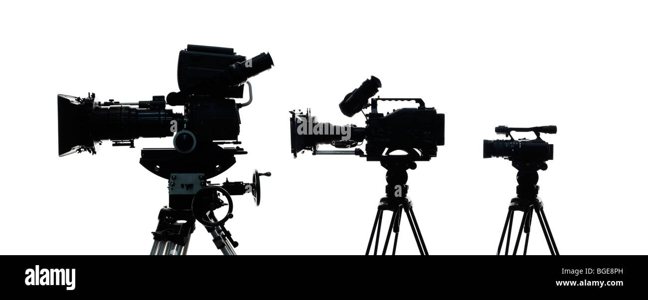 Silhouette von drei professionellen Filmkameras. Eine digitale Kamera Kamera,  eine professionelle TV-Kamera und eine Handkamera Stockfotografie - Alamy