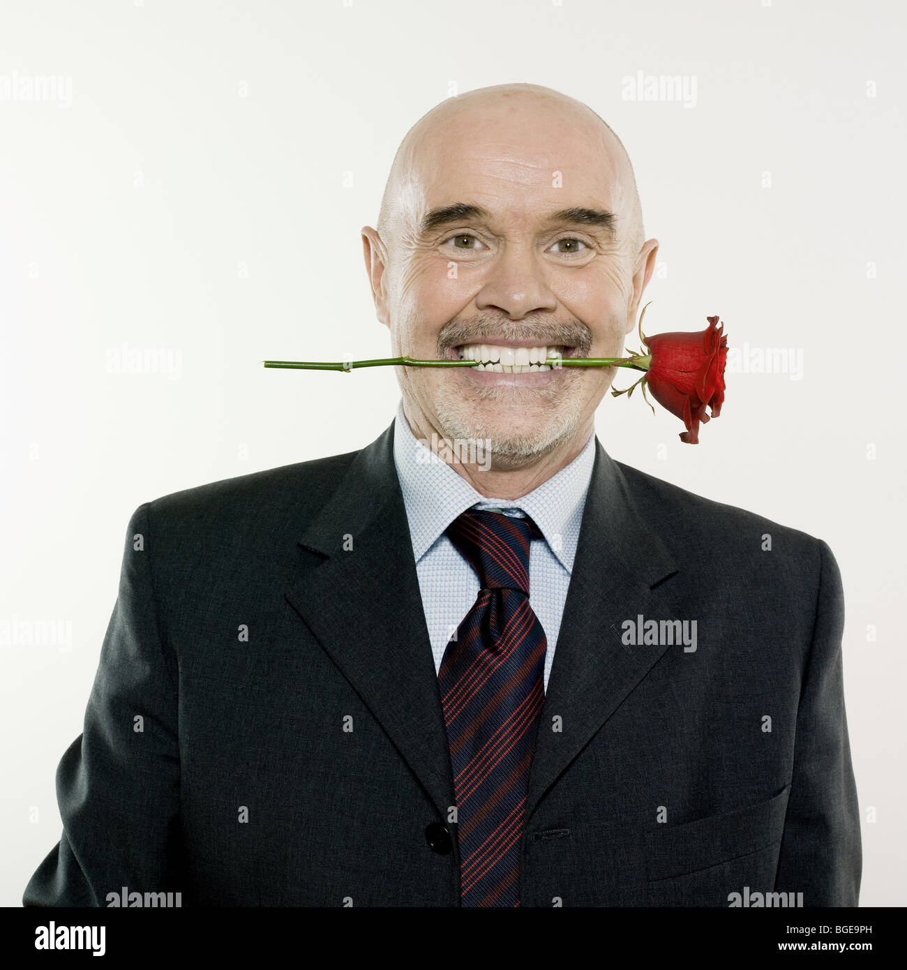 Studioportrait isoliert auf weißem Hintergrund eines Mann-Senioren, die eine rose Blume Stockfoto