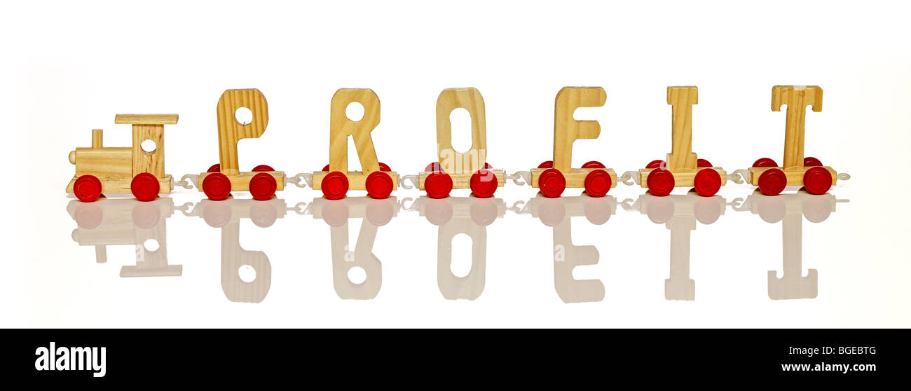 Ein Spielzeug-Brief Wagen Zug bilden Wort Gewinn Stockfoto