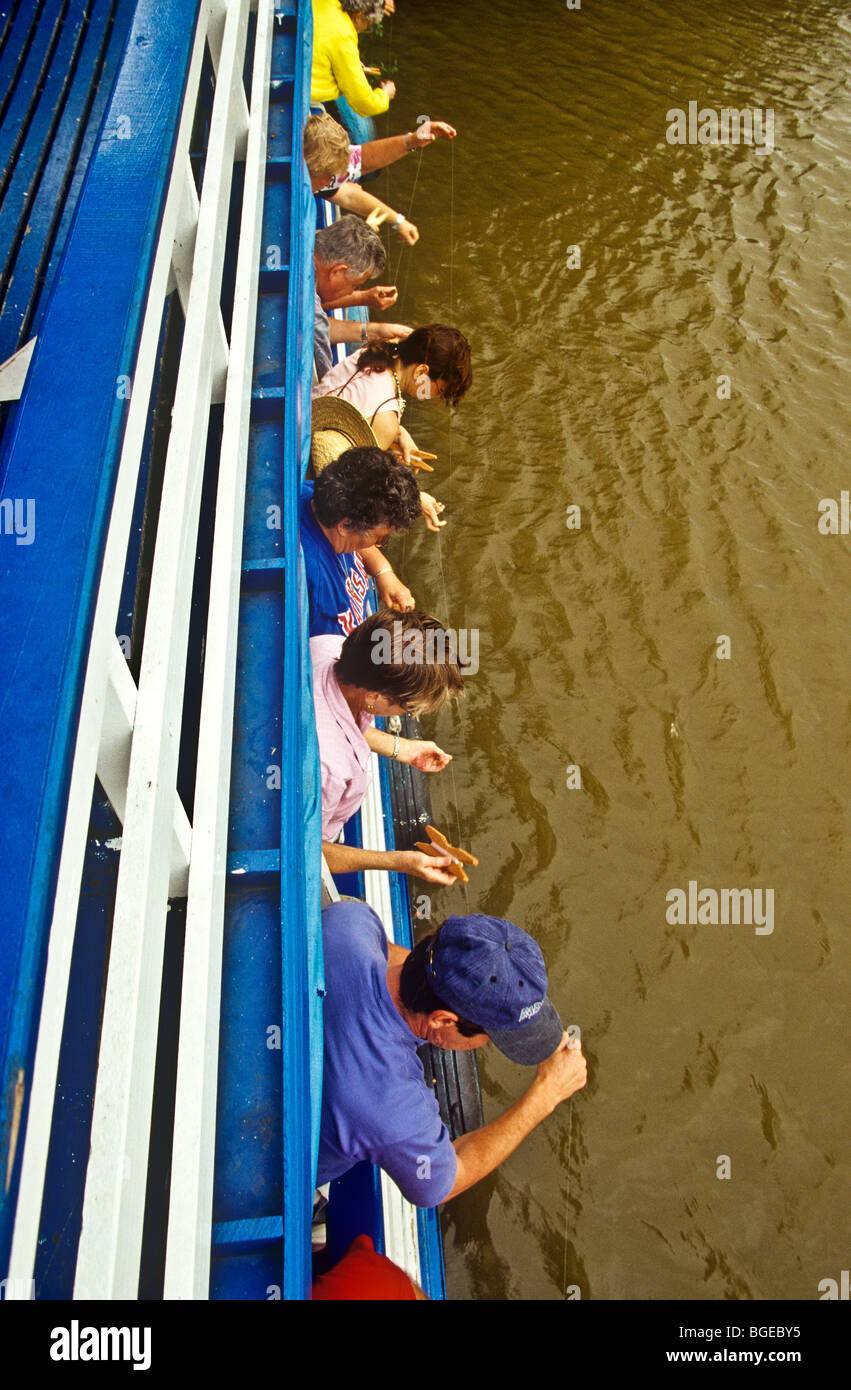 Ausflugsboote aus Santarem bieten oft Angelschnüre für Gäste versuchen ihr Glück in einhaken ein Piranha-Brasilien Stockfoto