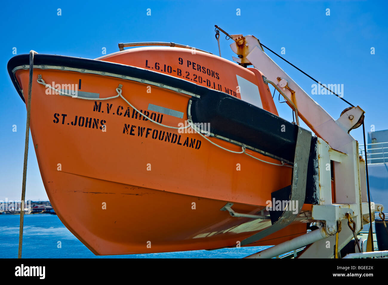 Rettungsboot auf der M/V-Karibu, der Marine Atlantic-Fähre, die befördert Passagiere und Fahrzeuge zwischen Port Aux Basken in New Stockfoto