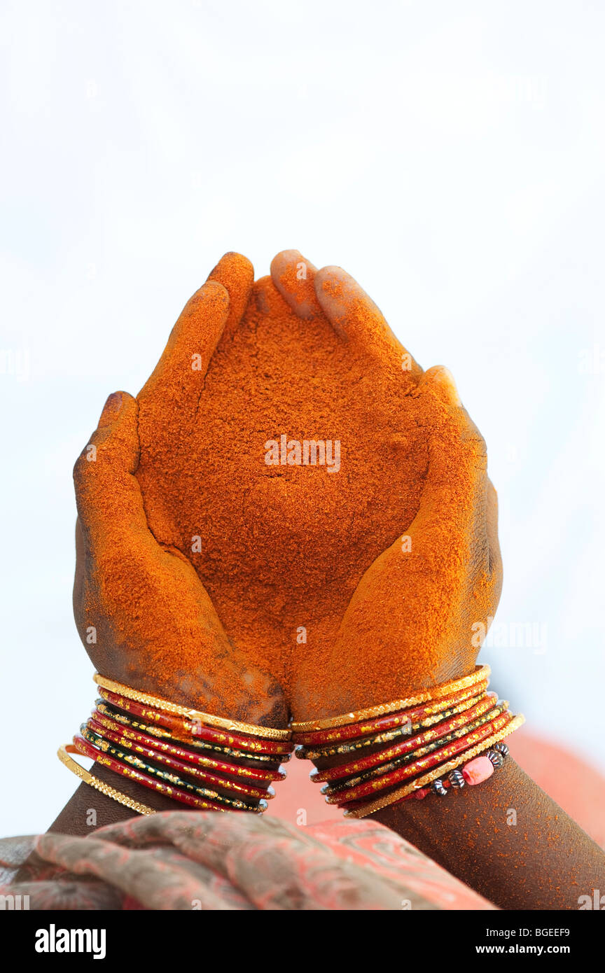 Indische Frau mit Chili Pulver in hohlen Hände gegen den weißen Hintergrund. Indien Stockfoto