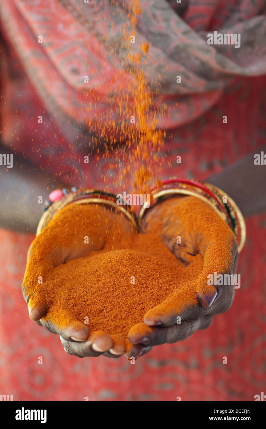 Indische Frau mit Chili Pulver in der hohlen Hand. Indien Stockfoto
