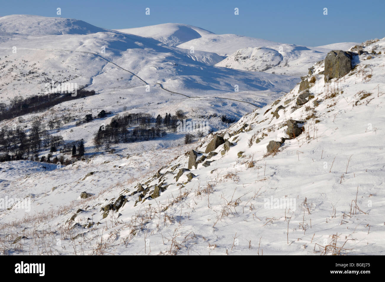 Verschneite Landschaft, Gowbarrow fiel, Lake District, England Stockfoto