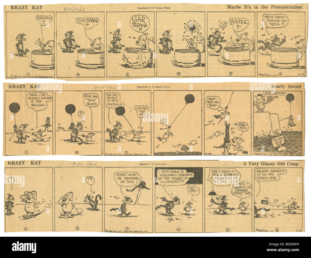 Drei original April 1921 Streifen tägliche Comic Krazy Kat von George Herriman. Stockfoto