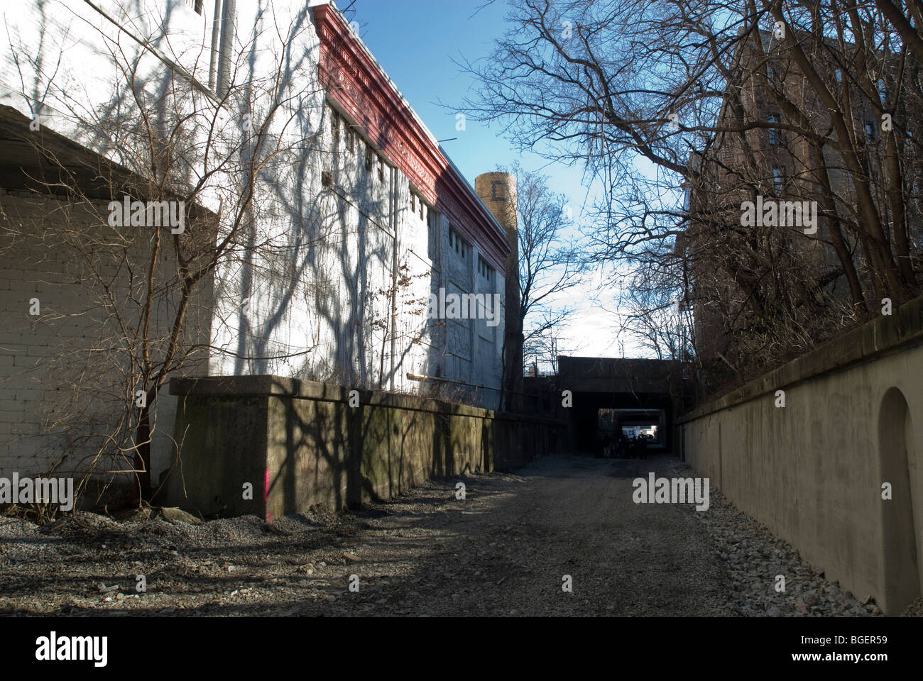 Die verlassene Bahnstrecke, bekannt als die "Bronx Sumpf" ist im Stadtteil Mott Haven in der Bronx in New York gesehen. Stockfoto