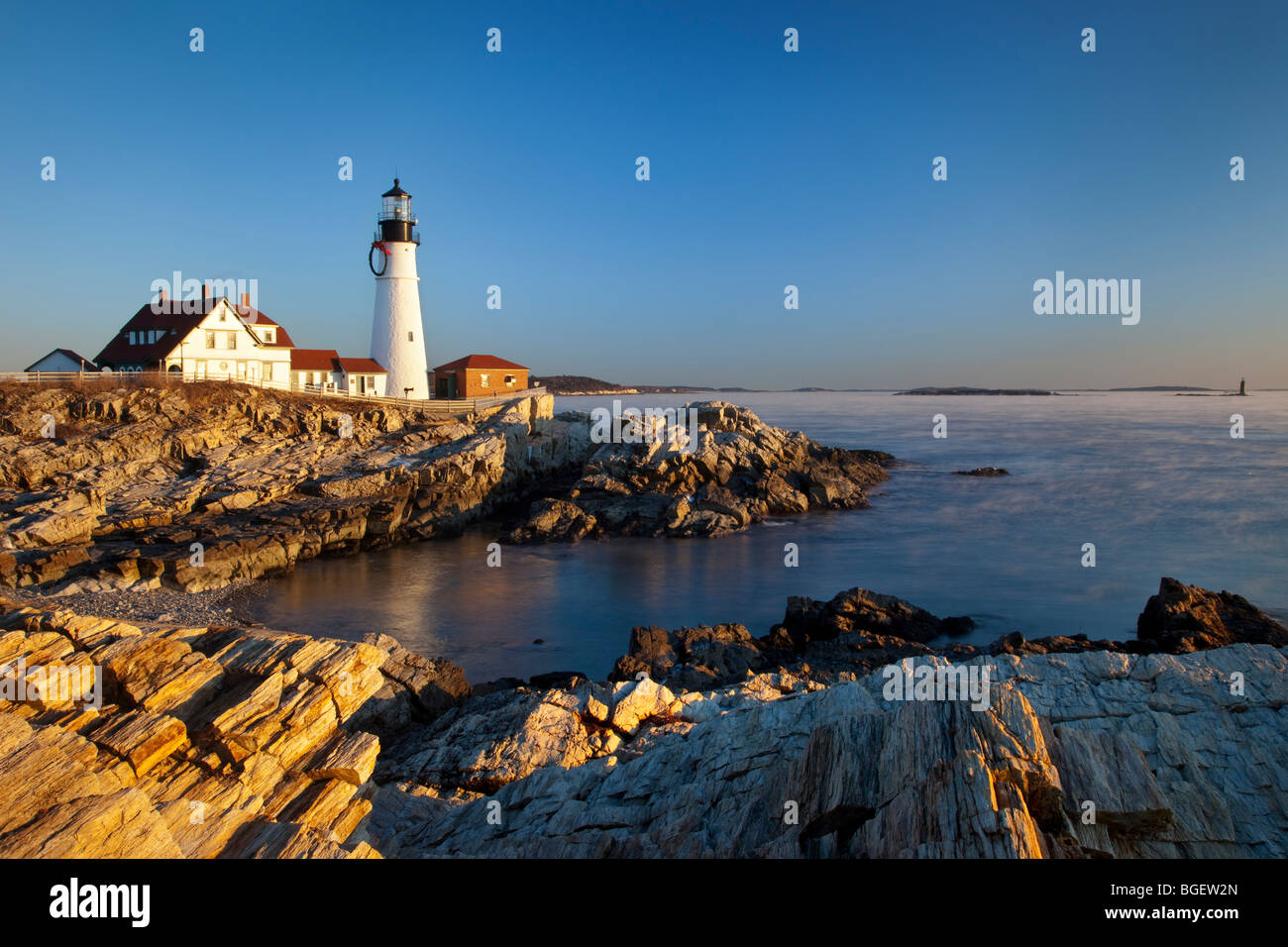 Ein Winter-Morgendämmerung am Portland Head Lighthouse, Portland Maine USA Stockfoto