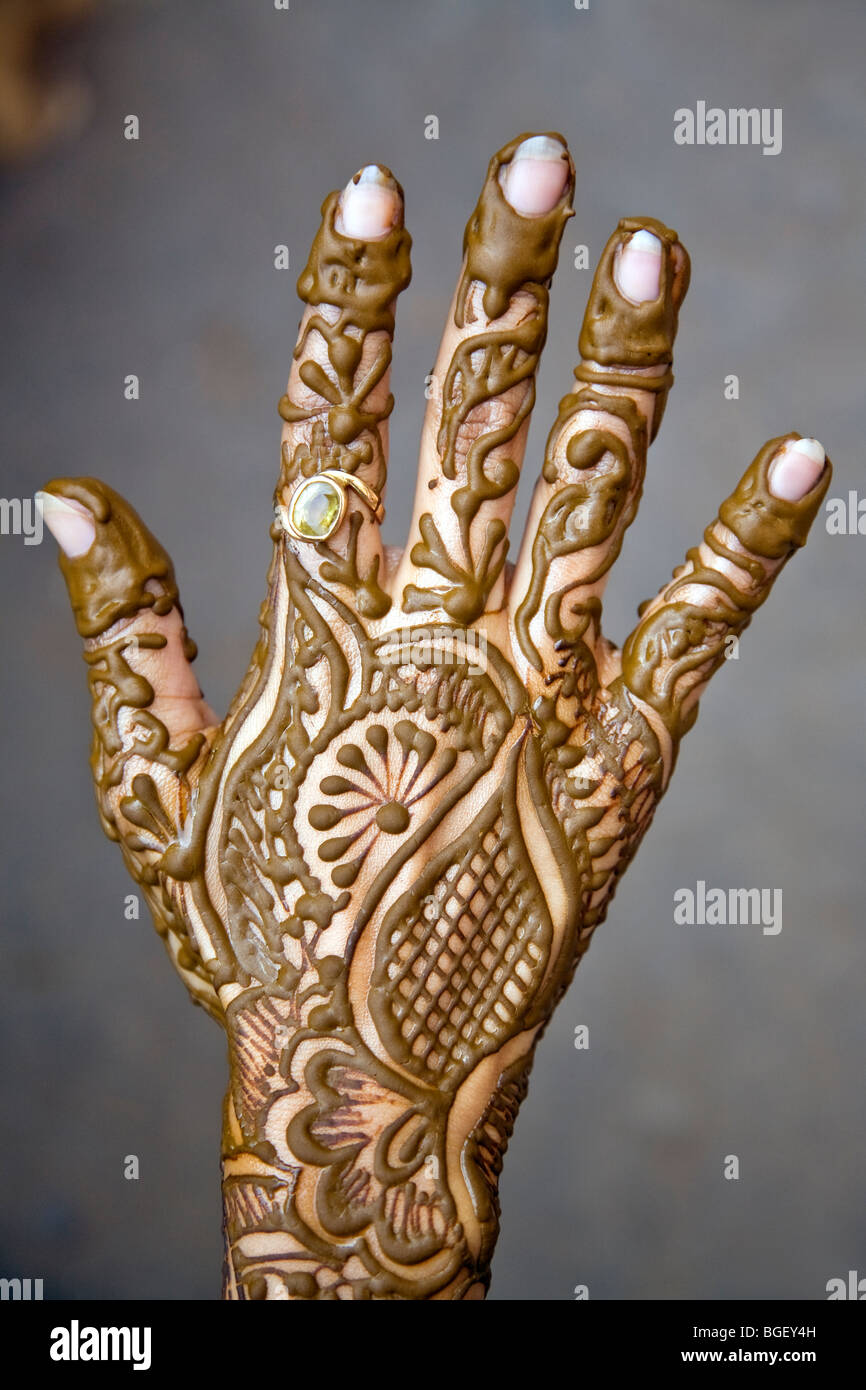 Hand mit Henna geschmückt. Jaipur. Rajasthan. Indien Stockfoto