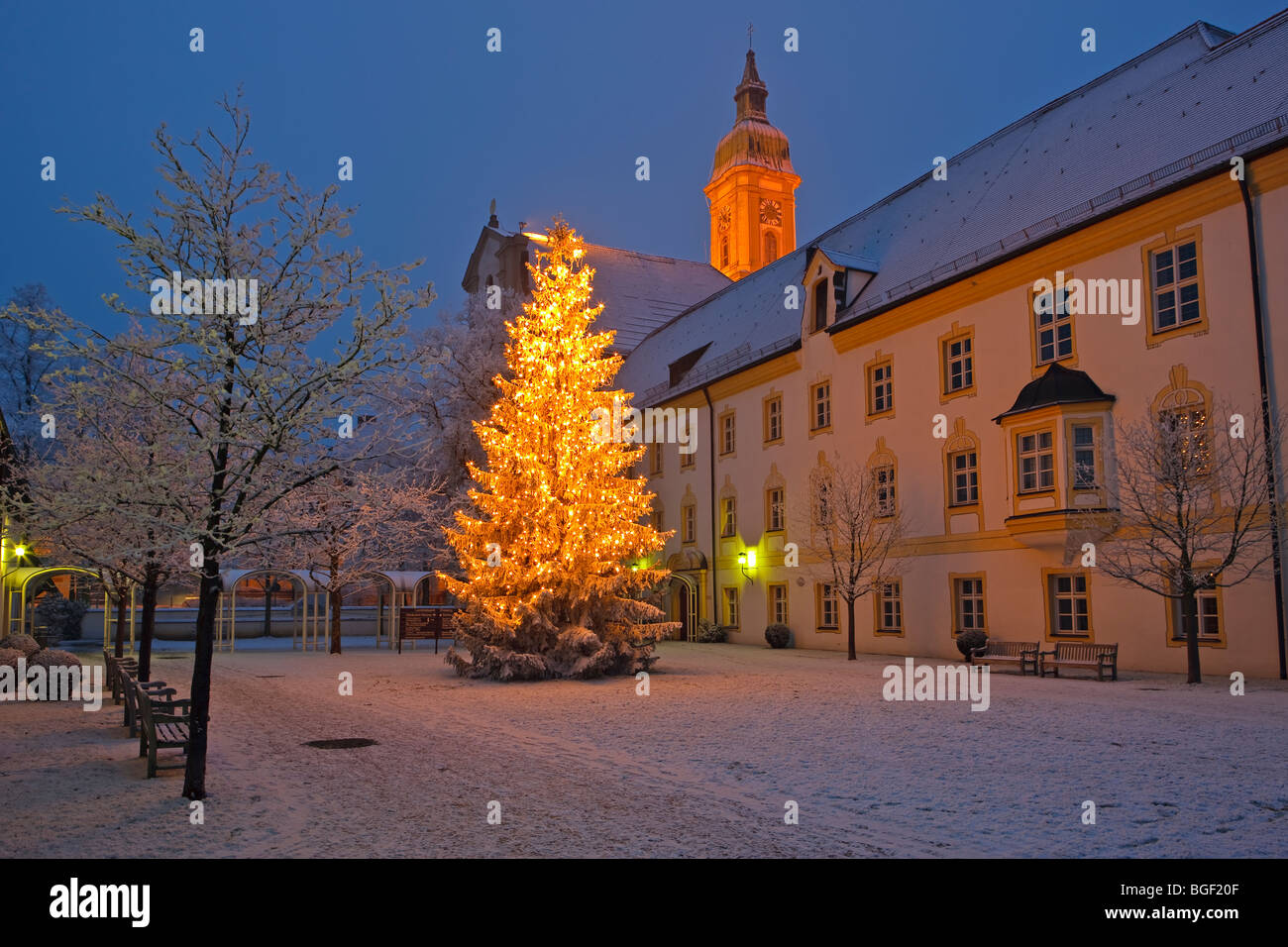 Weihnachtsbaum vor dem Landratsamt in Neustift, Freising, Bayern, Deutschland, Europa. Stockfoto