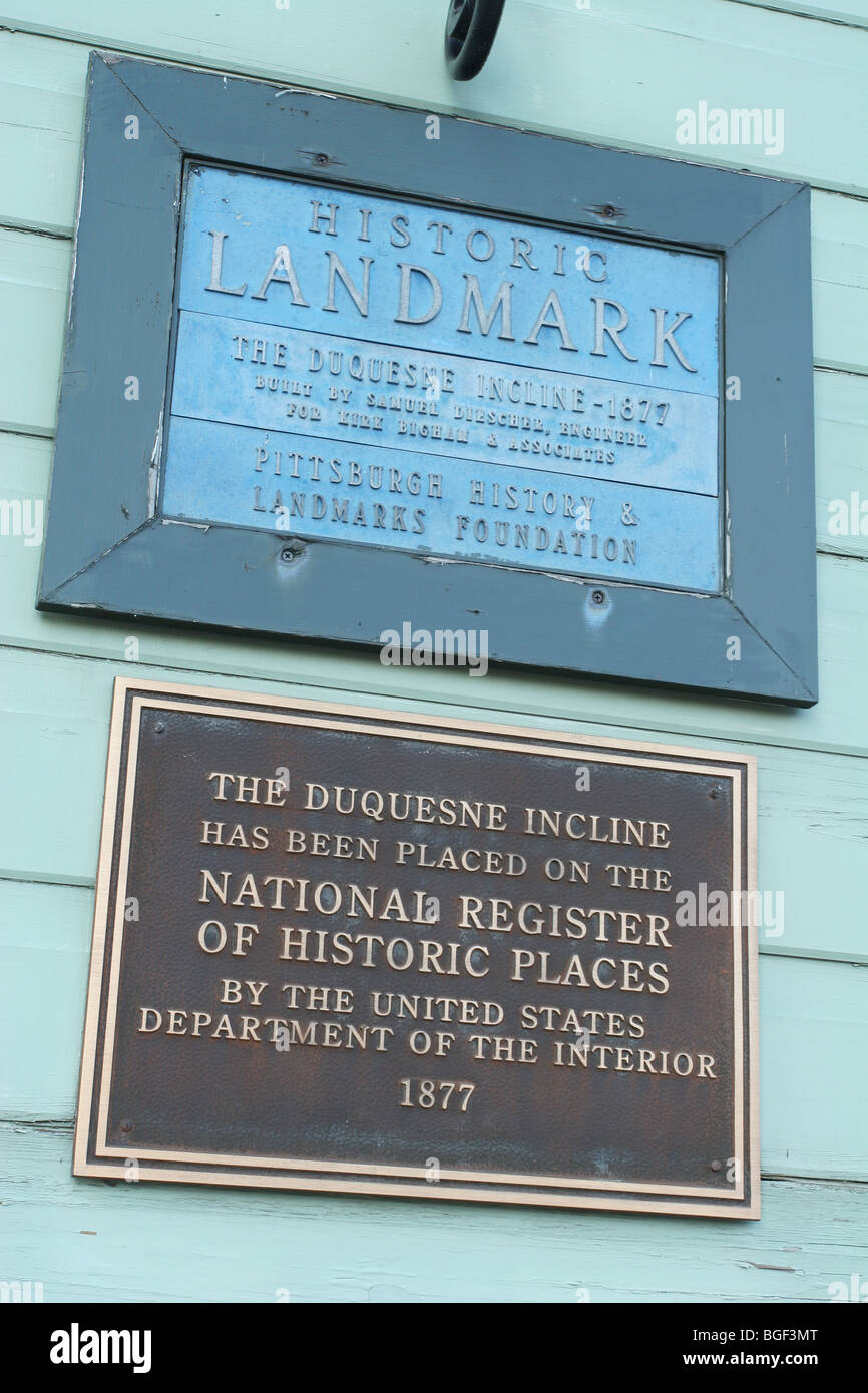 Duquesne Incline Railway historischen Marker. Pittsburgh, Pennsylvania, USA. Stockfoto