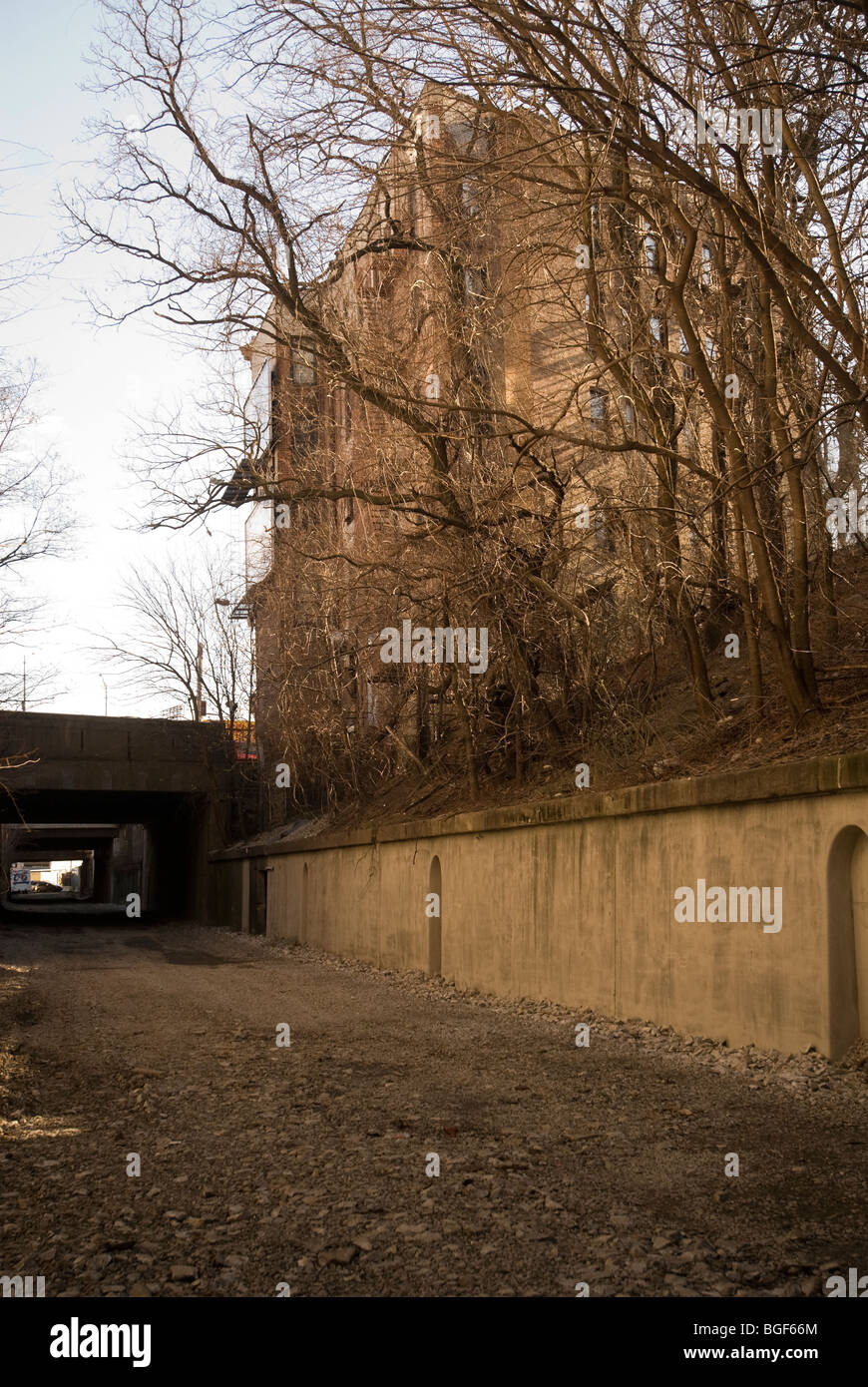 Die verlassene Bahnstrecke, bekannt als die "Bronx Sumpf" ist im Stadtteil Mott Haven in der Bronx in New York gesehen. Stockfoto