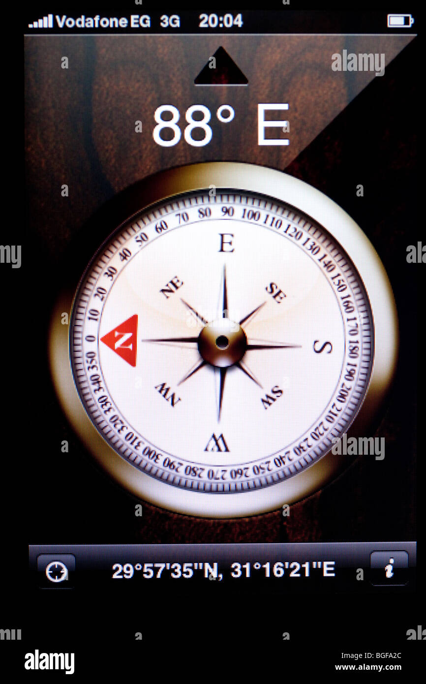 Bildschirm des Apple iPhone mit Kompass und GPS-Anwendung Stockfoto