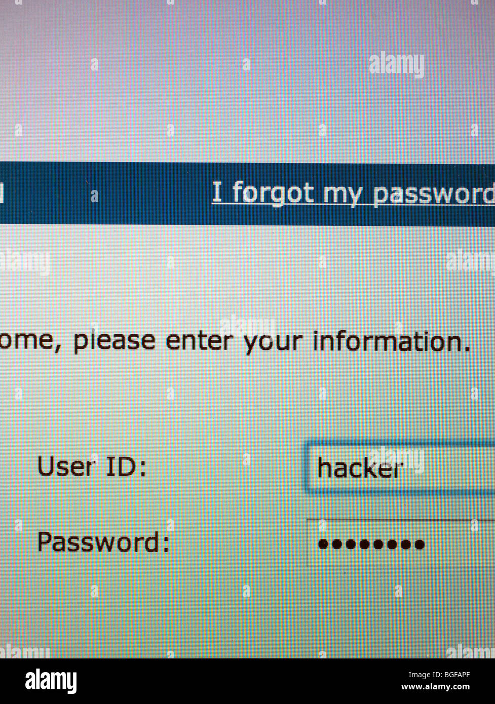 Computer Bildschirm zeigt Anmeldeseite mit Benutzer-Id des hacker Stockfoto