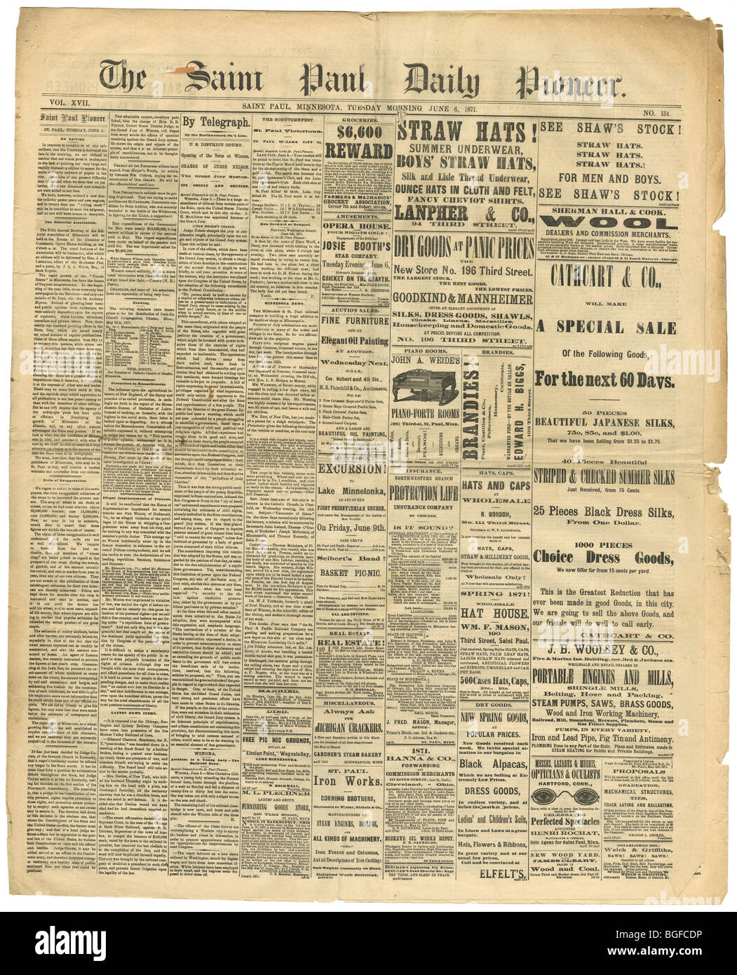 Titelseite der Zeitung The Saint Paul (Minnesota) tägliche Pionier, Dienstag, 6. Juni 1871. Stockfoto