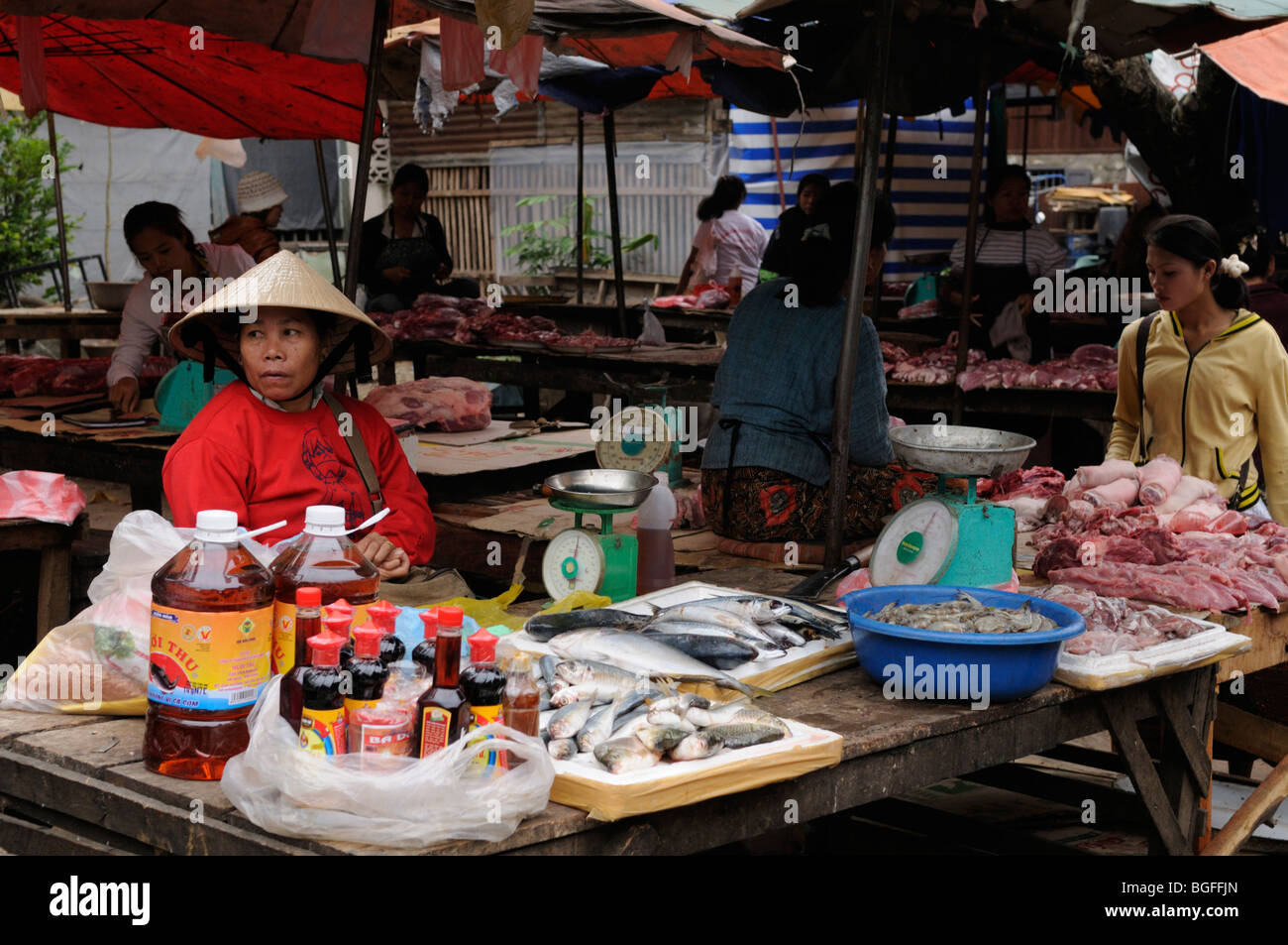 Laos; Luang Prabang; Fisch und Fleisch Stände auf dem Markt Stockfoto