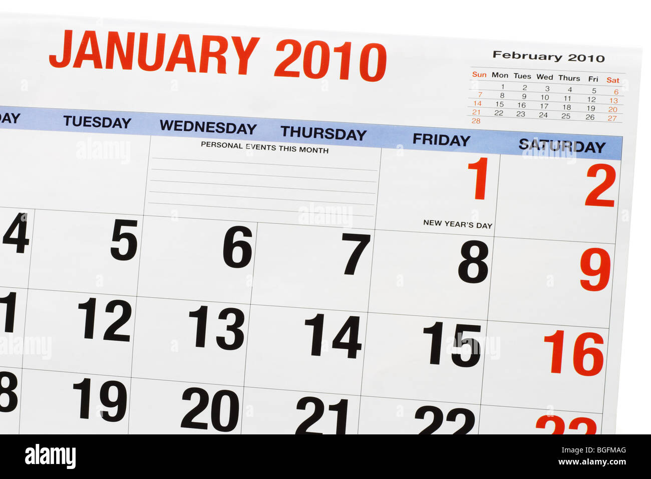 Kalender-Seite zeigt den Monat Januar 2010 Stockfoto