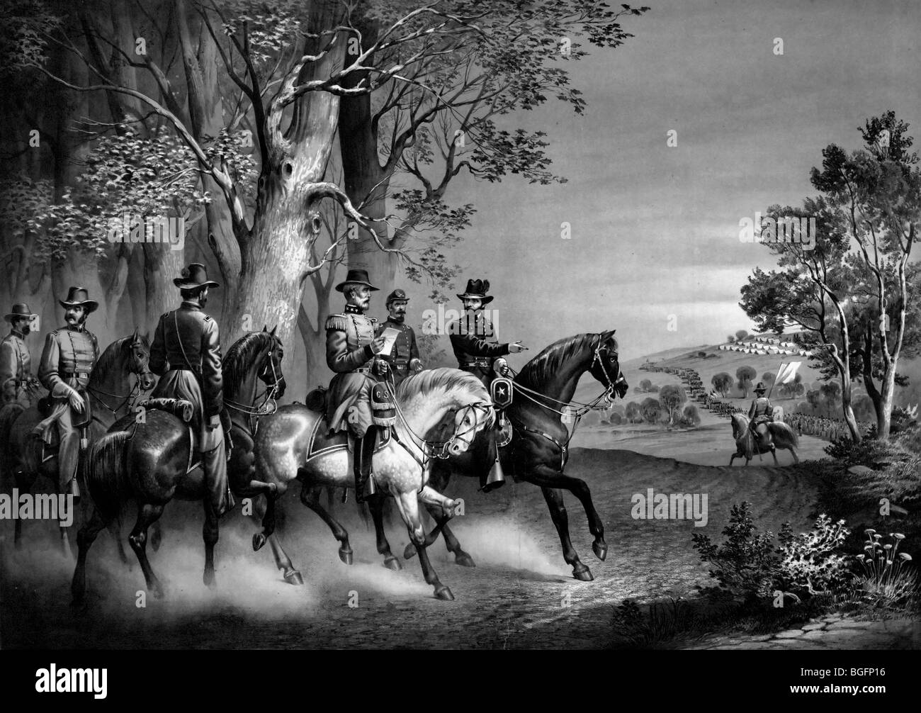 Treffen der Generäle Grant und Lee zur Vorbereitung der Kapitulation in Appomattox Court House, Virginia in den USA Bürgerkrieg Stockfoto