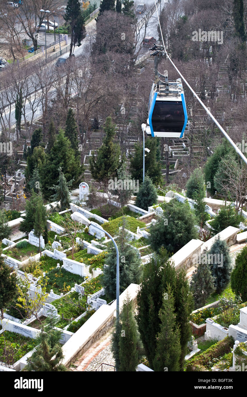 Seilbahn über Euyp Friedhof (Eyüp Sultan Mezarligi) Pierre Loti Cafe, Istanbul, Türkei. Stockfoto