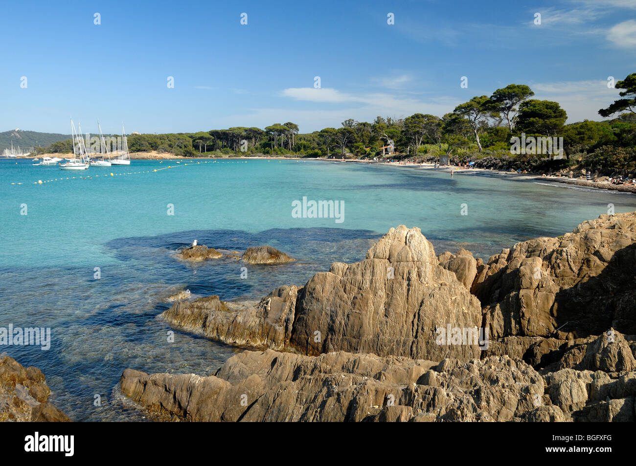 Felsige Küste der Plage d ' Argent Beach, Insel Porquerolles, Îles Hyères, Var Côte d ' Azur oder französische Riviera Frankreich Stockfoto