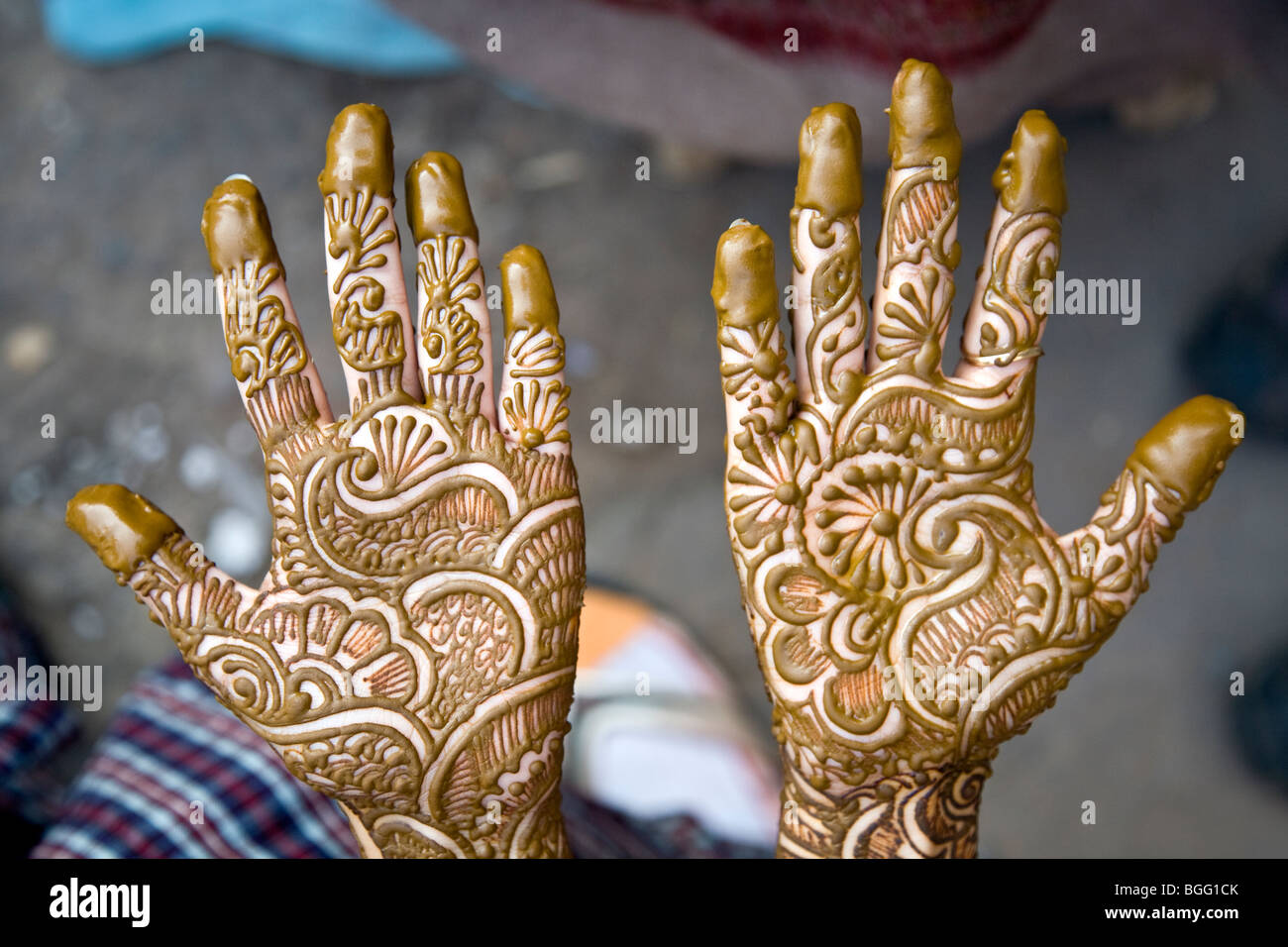 Hände mit Henna tätowiert. Jaipur. Rajasthan. Indien Stockfoto