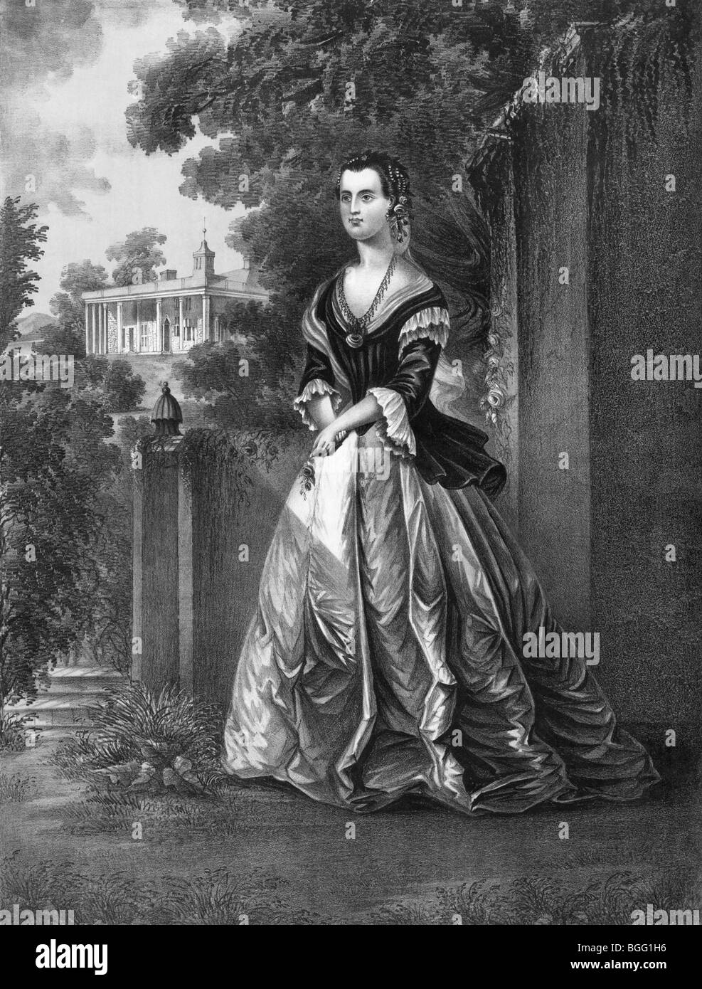 Print c1868 Porträt zeigt Martha Washington (1731-1802), Frau von George Washington, zu Hause in Mount Vernon. Stockfoto