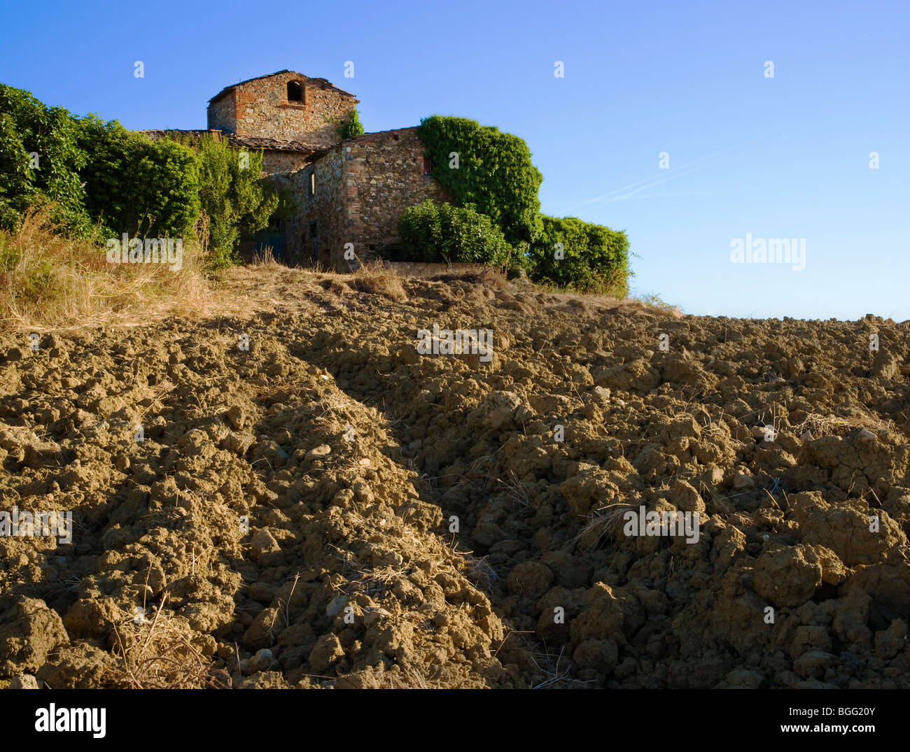 Zerstörten Bauernhaus mit Blick auf Acker in der Toskana Italien Stockfoto