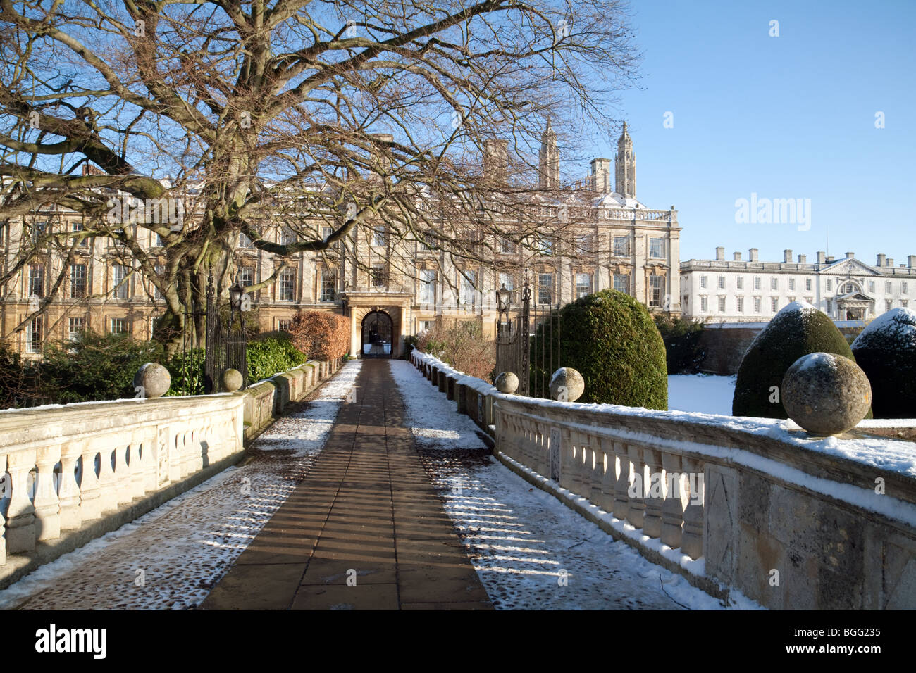 Clare College, Universität Cambridge als von Clare Brücke gesehen, im Winter, Cambridge UK Stockfoto
