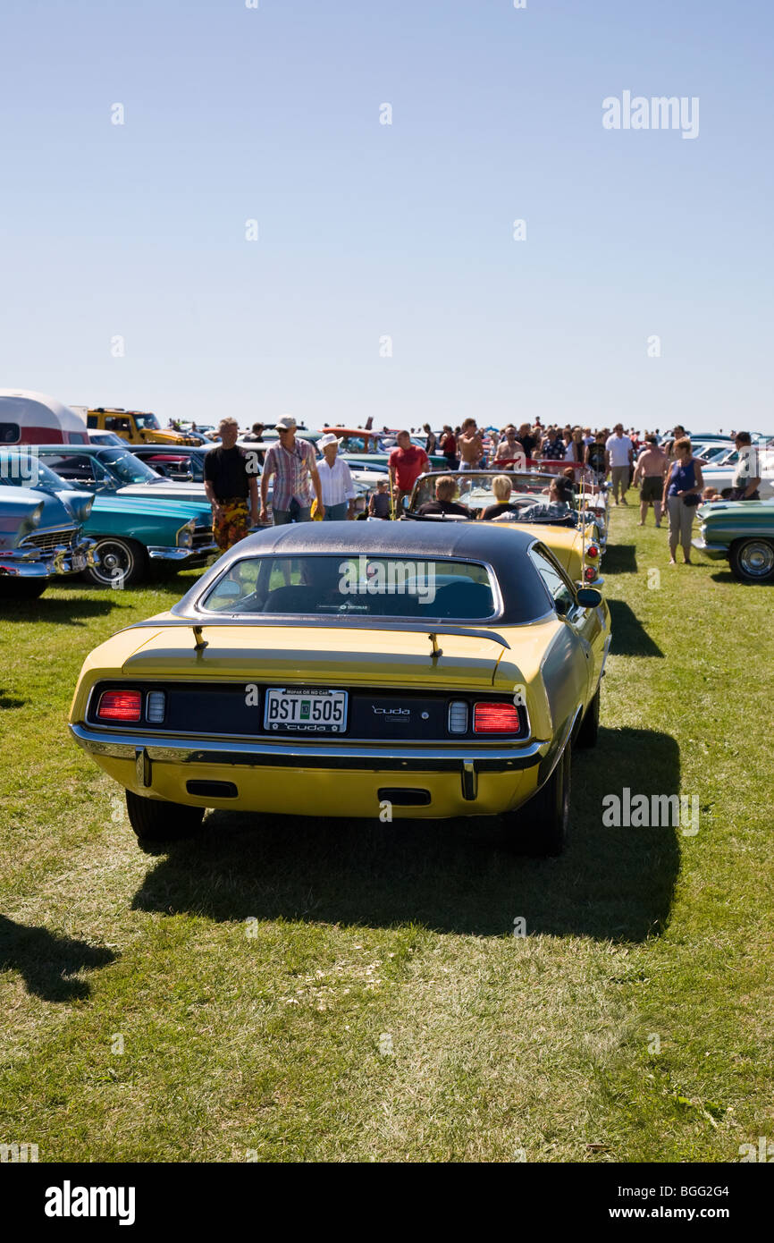 Gelbe Plymouth Cuda auf ein Autoausstellungen Stockfoto