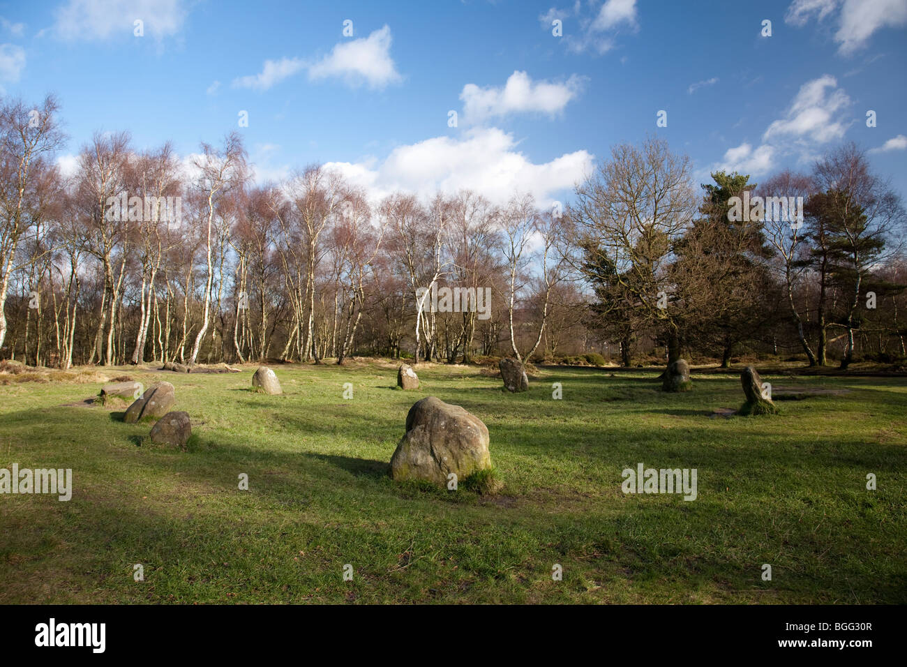 Neun Damen Stein Kreis auf Stanton Moor, Derbyshire. Stockfoto