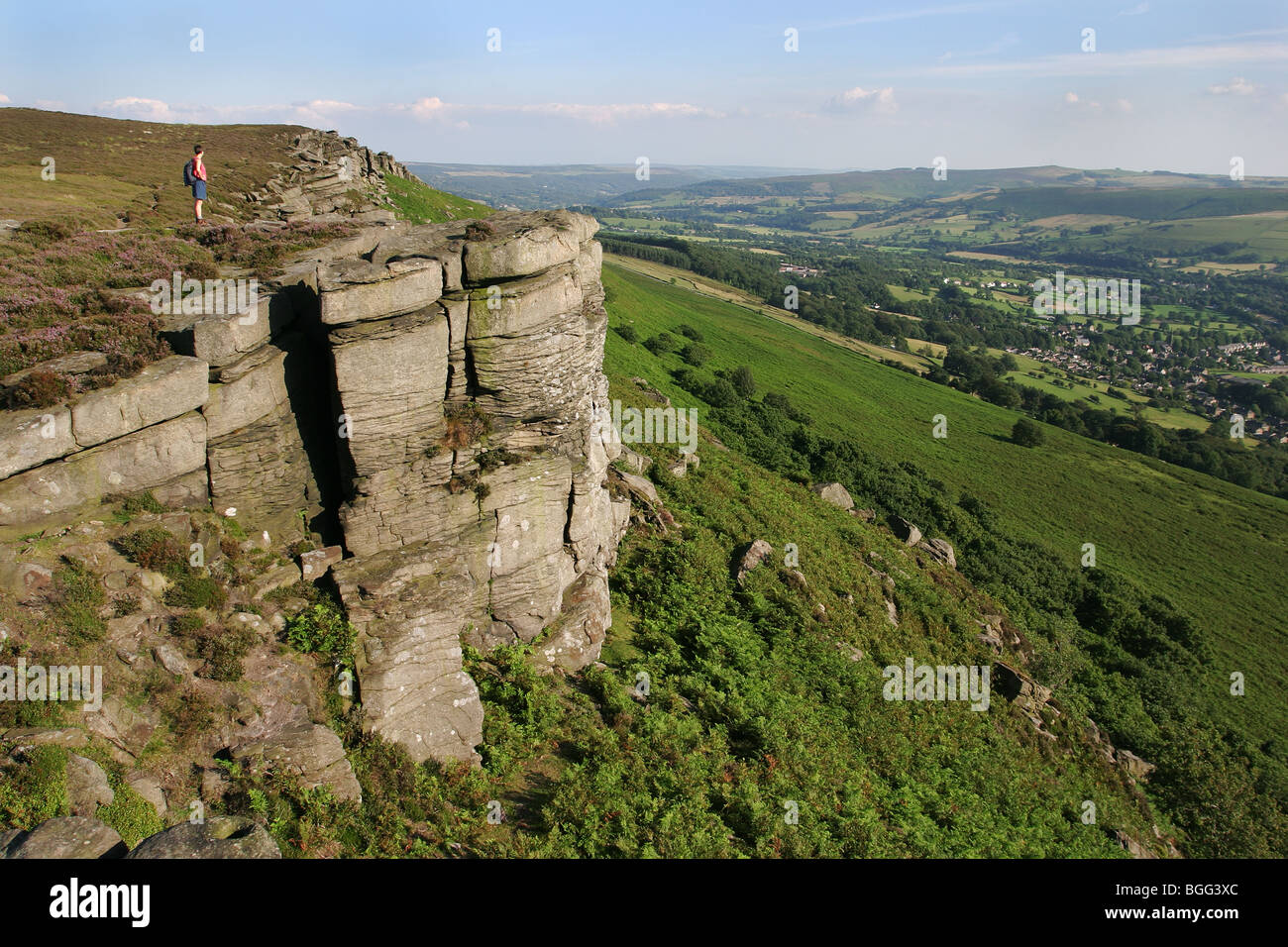 Frau Walker Blick von Bamford Kante auf das Derwent Valley in Derbyshire Peak District Stockfoto